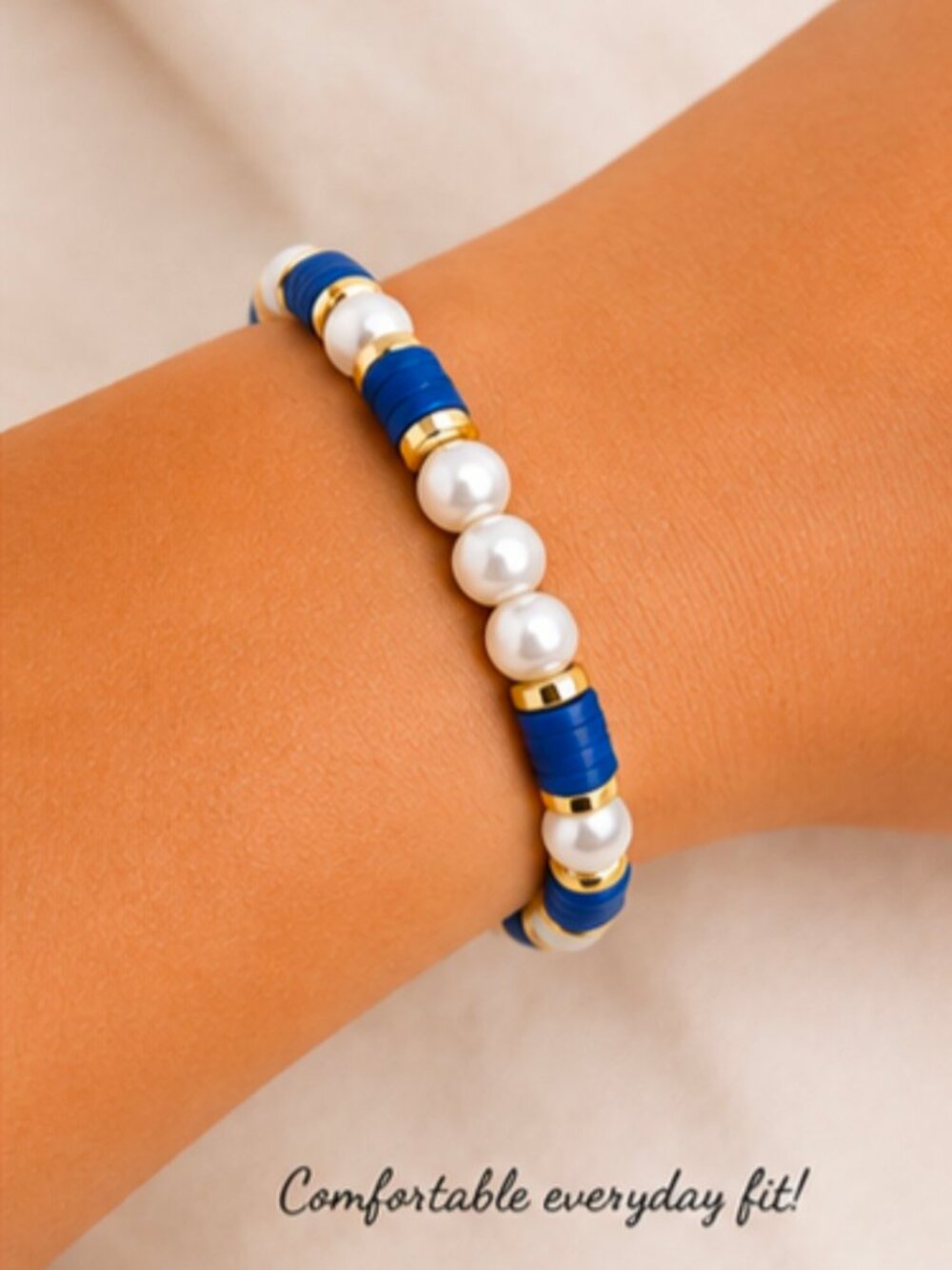 Blue & Pearl Stretch Bracelet | Gold Accent Beaded Bracelet | Handmade Jewelry